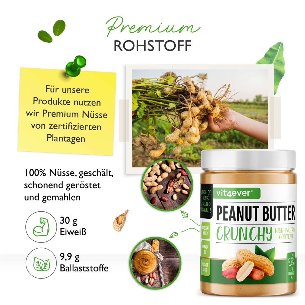 Glas mit Erdnussbutter. Text: 100% Nüsse, geröstet und gemahlen. 30g Eiweiß, 9,9g Ballaststoffe. Zertifizierte Plantagen.