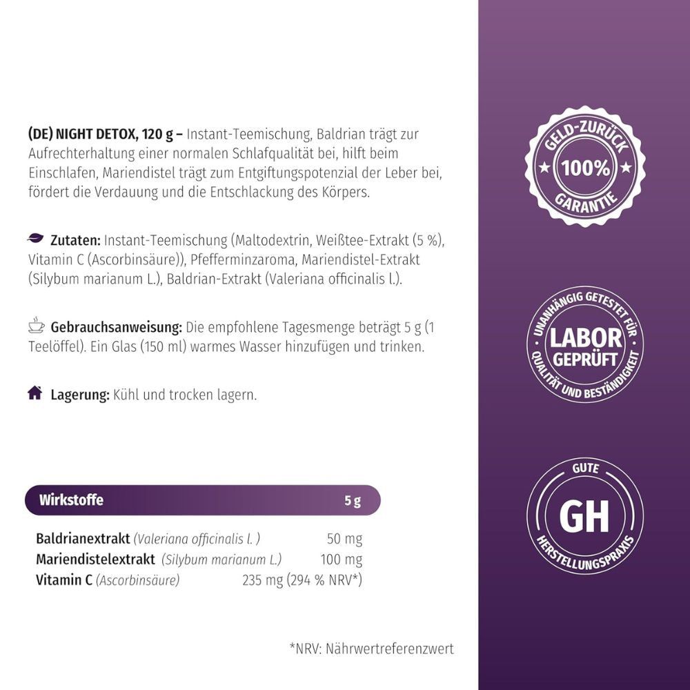 Produktinformationen: Night Detox Tea, 120g. Inhaltsstoffe, Anwendung, Wirkstoffe. Geld-zurück-Garantie. Laborgeprüft.