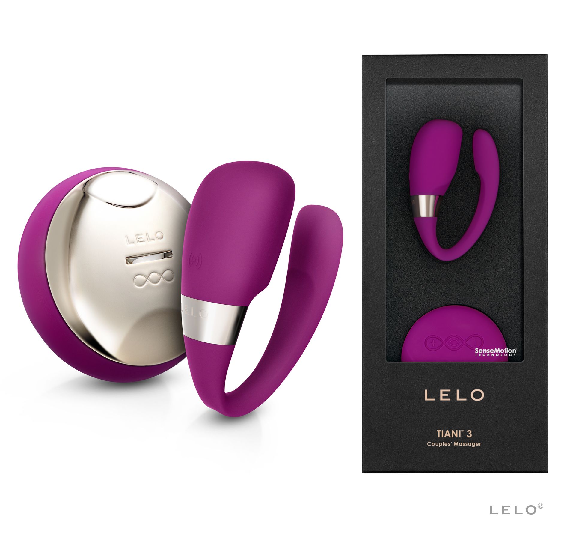 Lila Couples Massager mit Fernbedienung, in Verpackung.