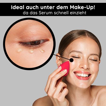 Frau mit geschlossenen Augen und Make-up-Schwamm. Vergrößerte Ansicht eines Auges mit Tröpfchen.