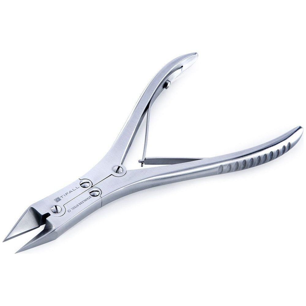 Silberfarbene Winkelzange mit doppelter Übersetzung. Sichtbar: Marke Tifall. Ergonomische Griffe und scharfe Schneidekanten.