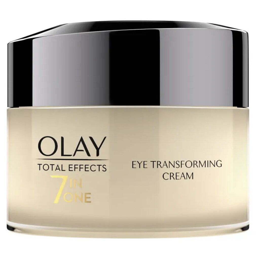 Olay Total Effects Eye Transforming Cream. Creme in einem Glas mit schwarzem Deckel. Produktname und Logo deutlich sichtbar.