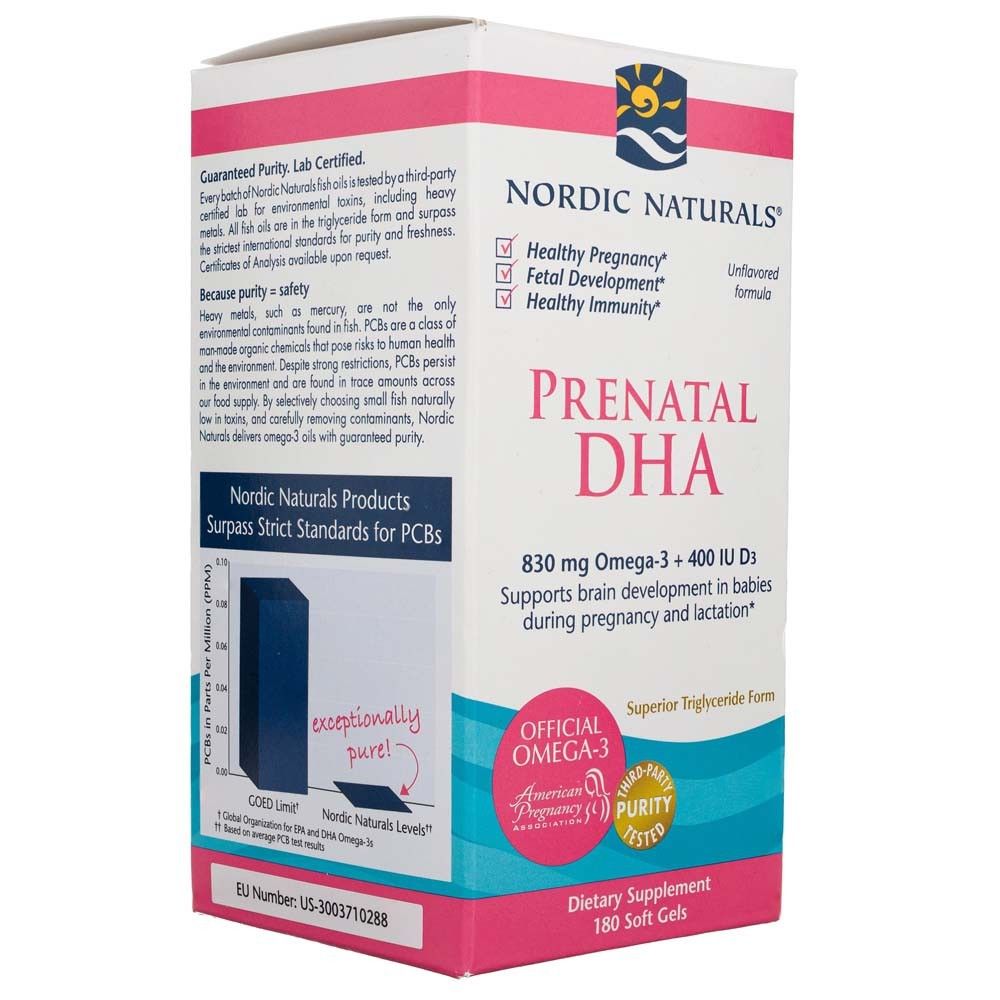 Nordic Naturals Prenatal DHA Verpackung mit Siegeln für 'Official Omega-3' und 'Third-Party Purity Tested'.