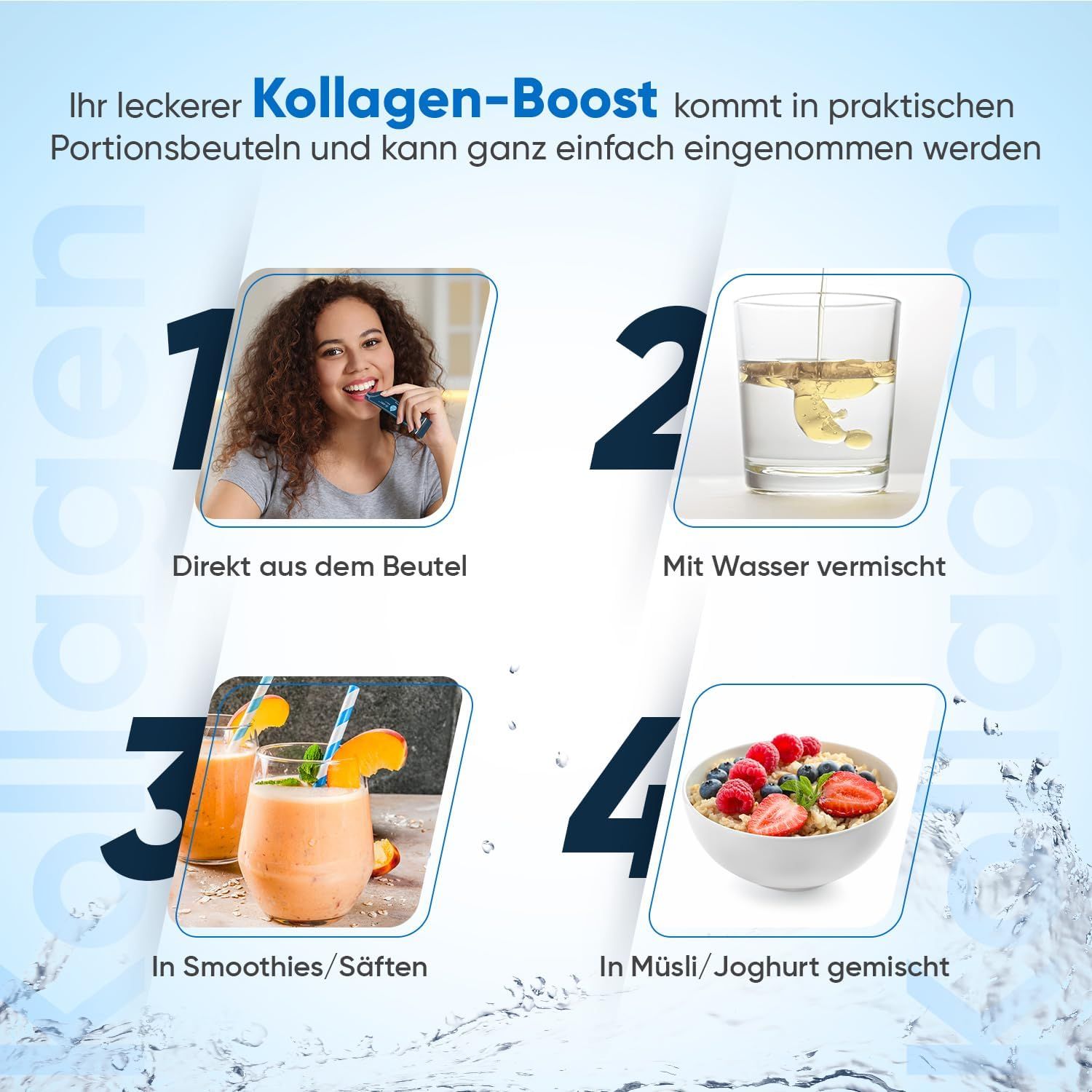Vier Bilder zeigen die Einnahme von Kollagen. Text: Ihr leckerer Kollagen-Boost. Direkt aus dem Beutel, mit Wasser, in Smoothies/Säften, in Müsli/Joghurt gemischt.