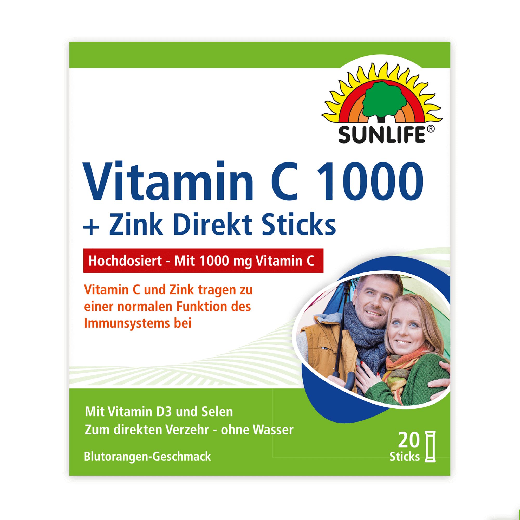 Verpackung von Sunlife Vitamin C 1000 + Zink Direkt Sticks. Enthält 20 Sticks. Mit Vitamin D3 und Selen. Blutorangen-Geschmack.