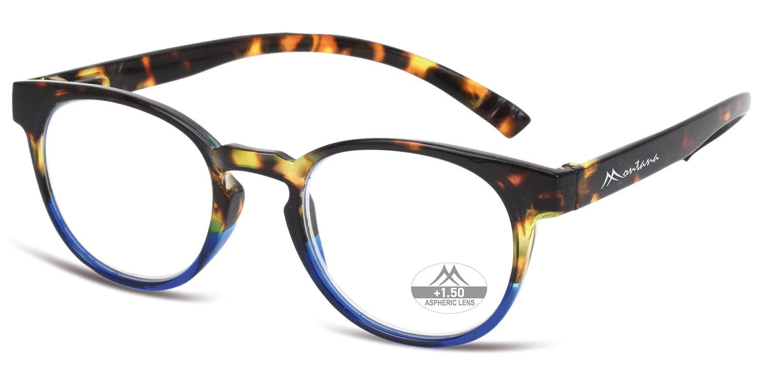 Brille mit Schildpattmuster und blauen Akzenten. Montana-Logo am Bügel. "+1.50" auf dem Glas.