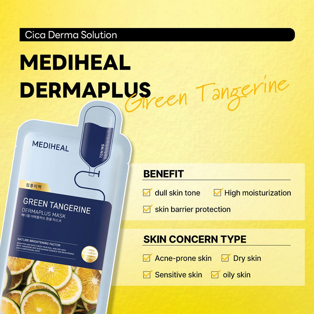 Verpackung mit Maske. Text: MEDIHEAL Dermaplus Green Tangerine. Vorteile: Hautton, Feuchtigkeit, Schutz. Hauttyp-Angaben.