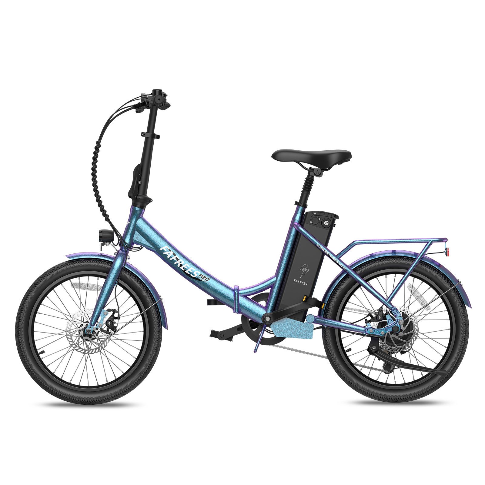 Blaues Fafrees F20 E-Bike. Klapprahmen, Gepäckträger, Scheibenbremsen, Akku am Rahmen. Schwarze Reifen und Sattel.