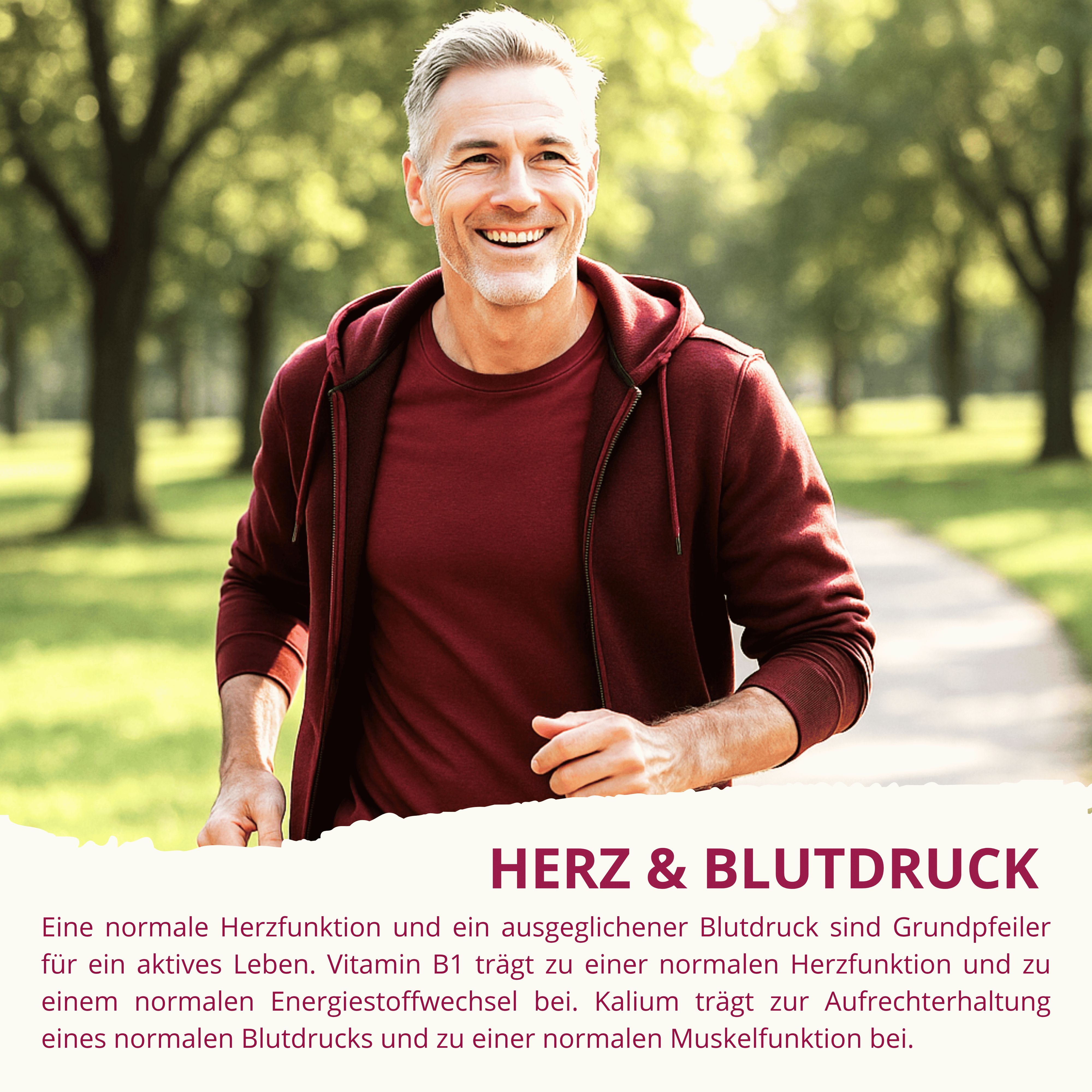 Mann joggt im Park. Text: Herz & Blutdruck. Informationen über Herzfunktion, Blutdruck und Energiestoffwechsel.