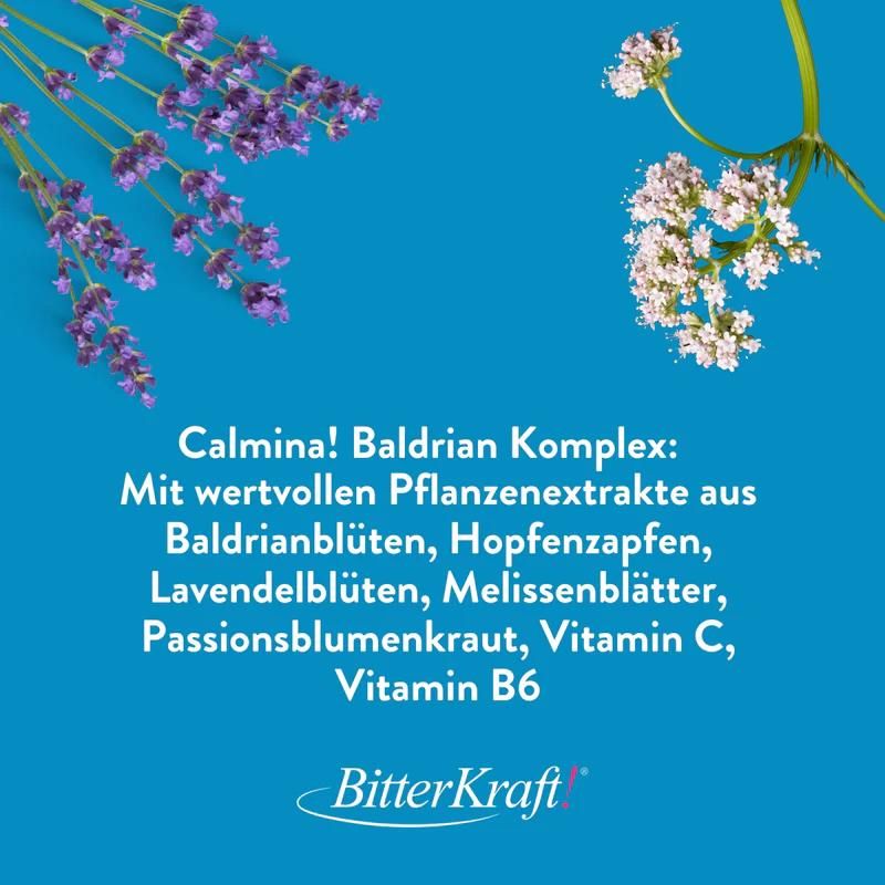 Blauer Hintergrund mit Text und Blüten. Text: Calmina! Baldrian Komplex: Mit wertvollen Pflanzenextrakten. Marke: BitterKraft!