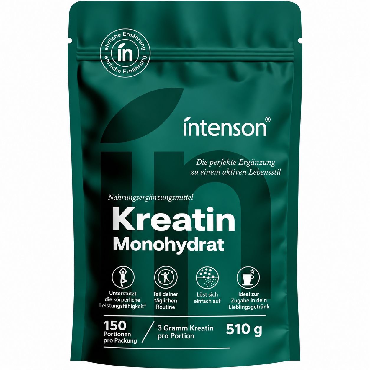 Intenson Kreatin Monohydrat Beutel, 150 Portionen, 510g. Enthält 3g Kreatin pro Portion.