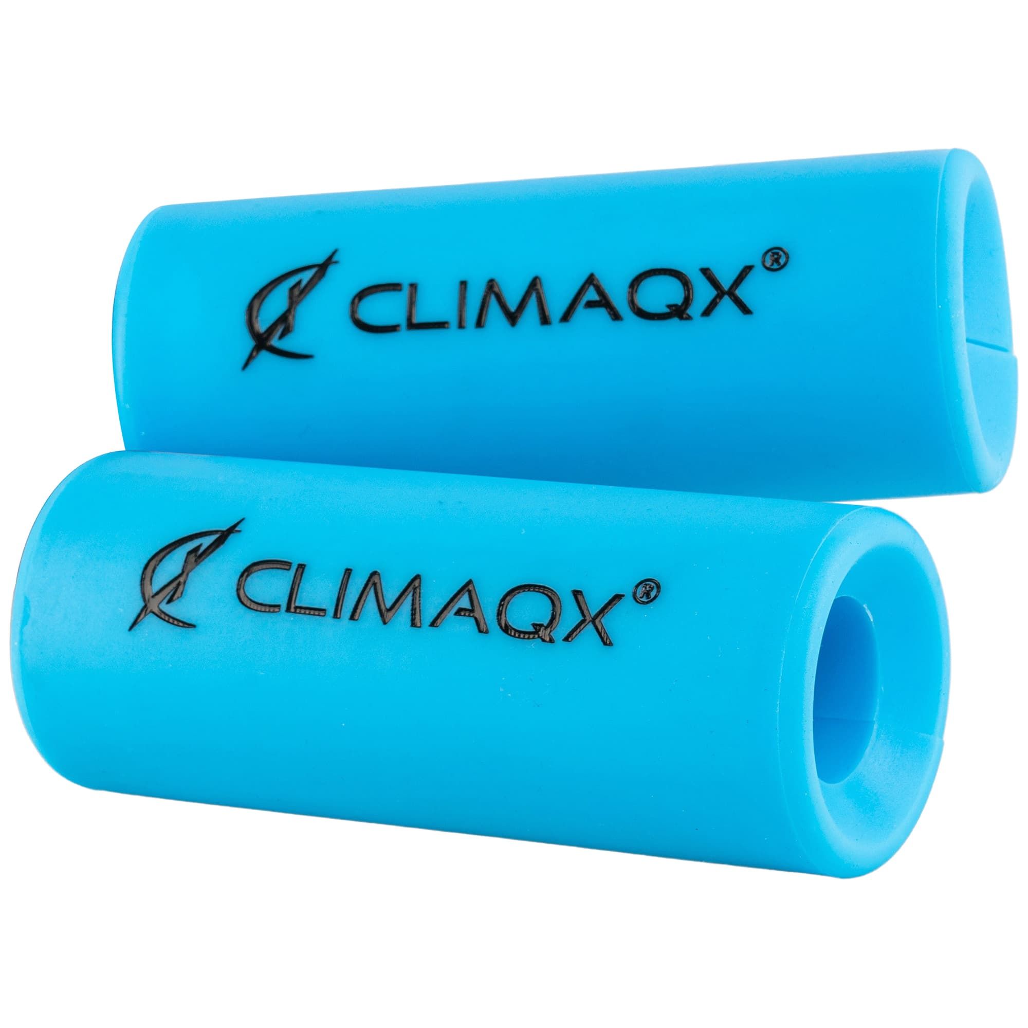 Zwei blaue CLIMAQX Arm Blaster. Zylindrische Form mit Logo. Offene Enden.