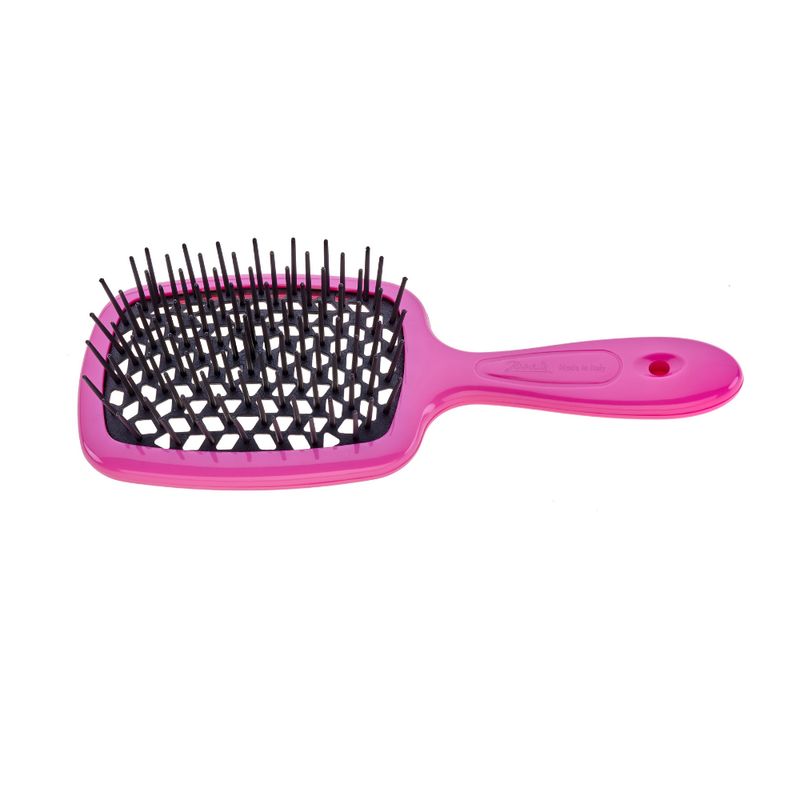 Pinke Haarbürste mit schwarzem Bürstenkopf und flexiblen Borsten. Ergonomischer Griff mit Loch.