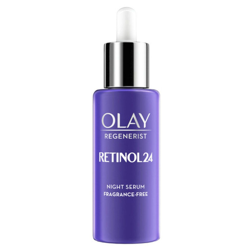 Violette Serumflasche mit silbernem Verschluss und Pipette. Olay Regenerist, Retinol 24. Aufschrift: Night Serum, Fragrance-Free.