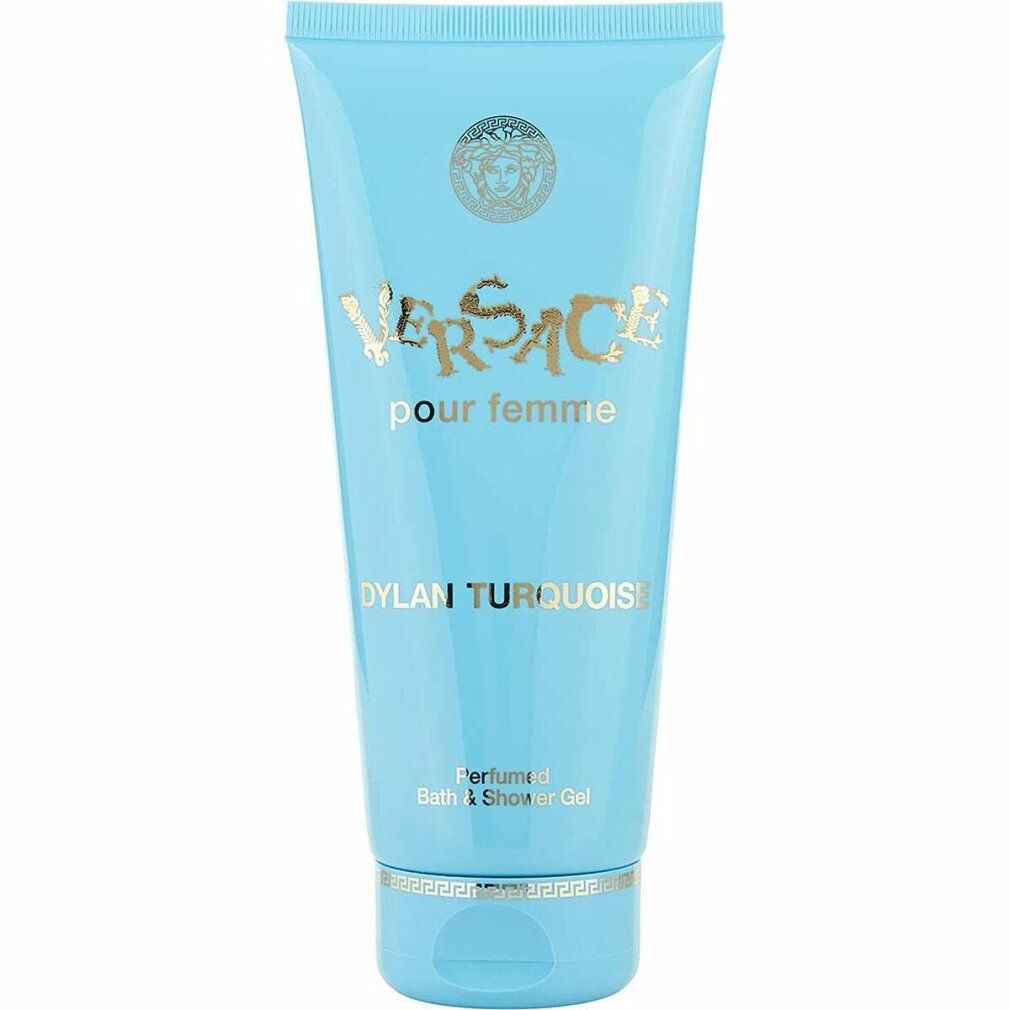 Türkisfarbene Tube. Aufschrift: Versace pour femme, Dylan Turquoise. Duschgel. Goldene Schrift.
