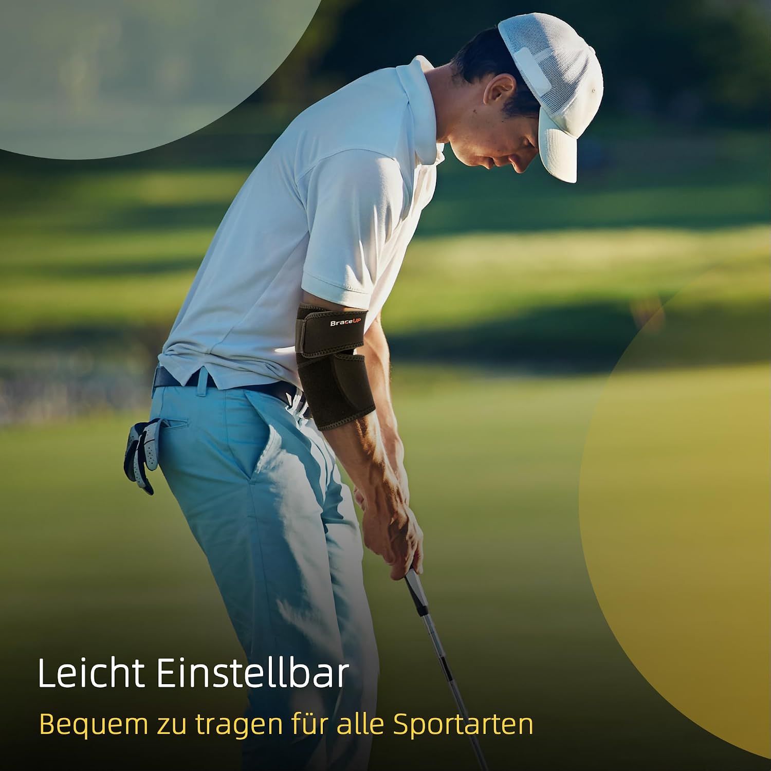 Golfer mit einer Ellenbogenbandage am rechten Arm, leicht einstellbar.