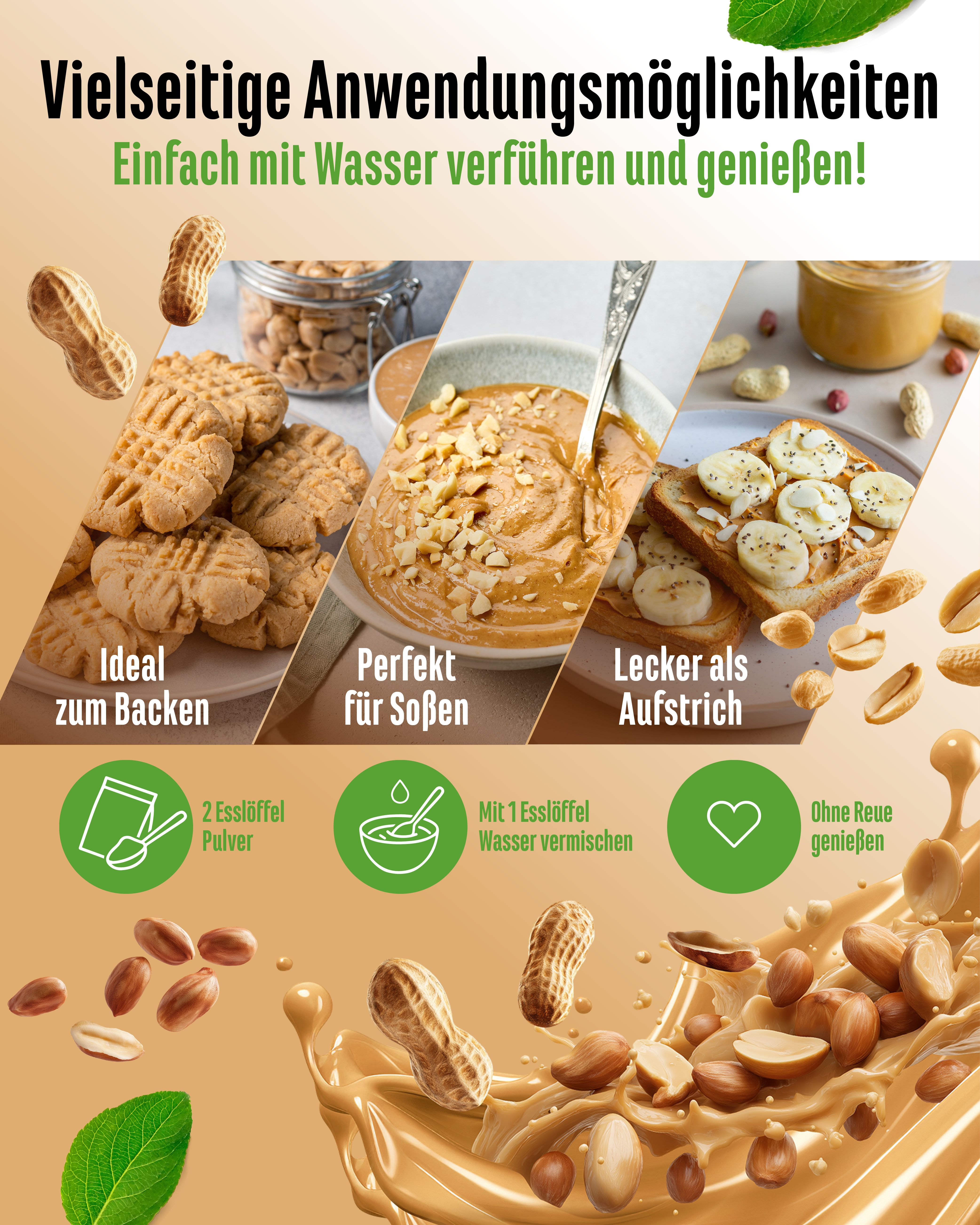 Anwendungsbeispiele für vit4ever Yummy Peanut Butter - Light Powder: Backen, Soßen, Aufstrich. Zubereitung mit Wasser.