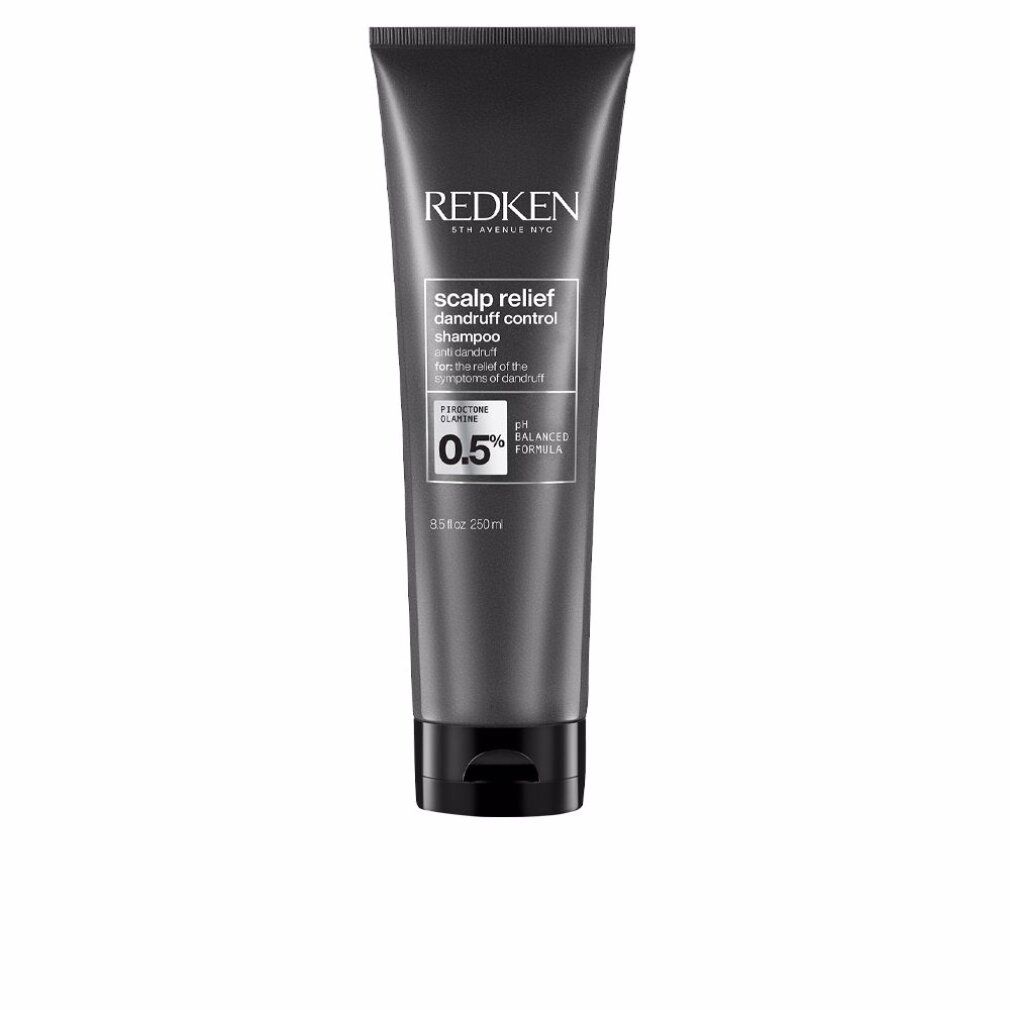 Dunkelgraue Tube mit Produktinformationen. Aufschrift: Redken, Scalp Relief, 0,5% Pirocton Olamin, pH-ausgeglichen.