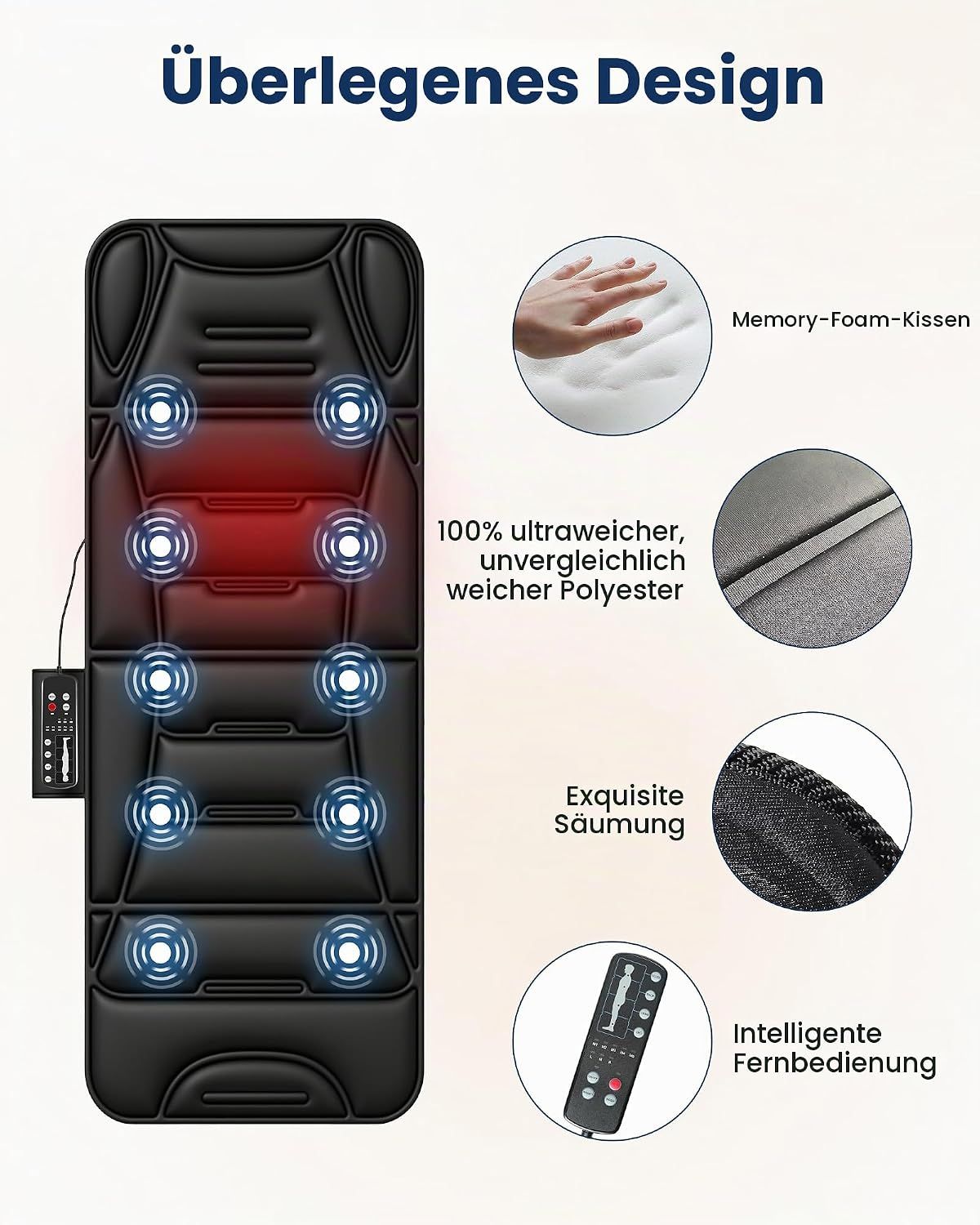 Schwarze Massagematte mit 10 Massageknoten, Memory-Schaum und Fernbedienung.