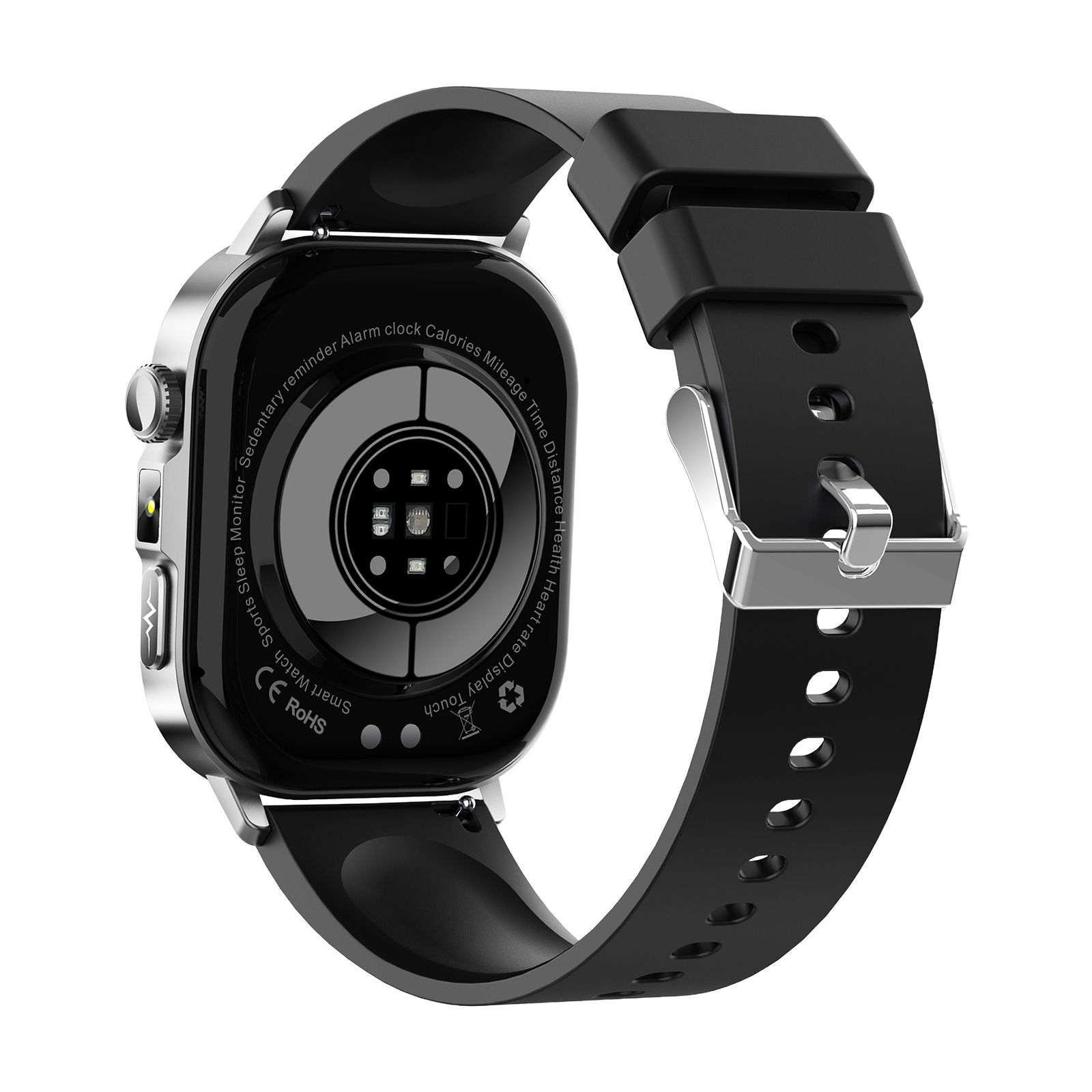 Rückseite der Smartwatch. Schwarzes Gehäuse mit Sensoren und Ladekontakten. Schwarzes Armband mit silberner Schnalle.