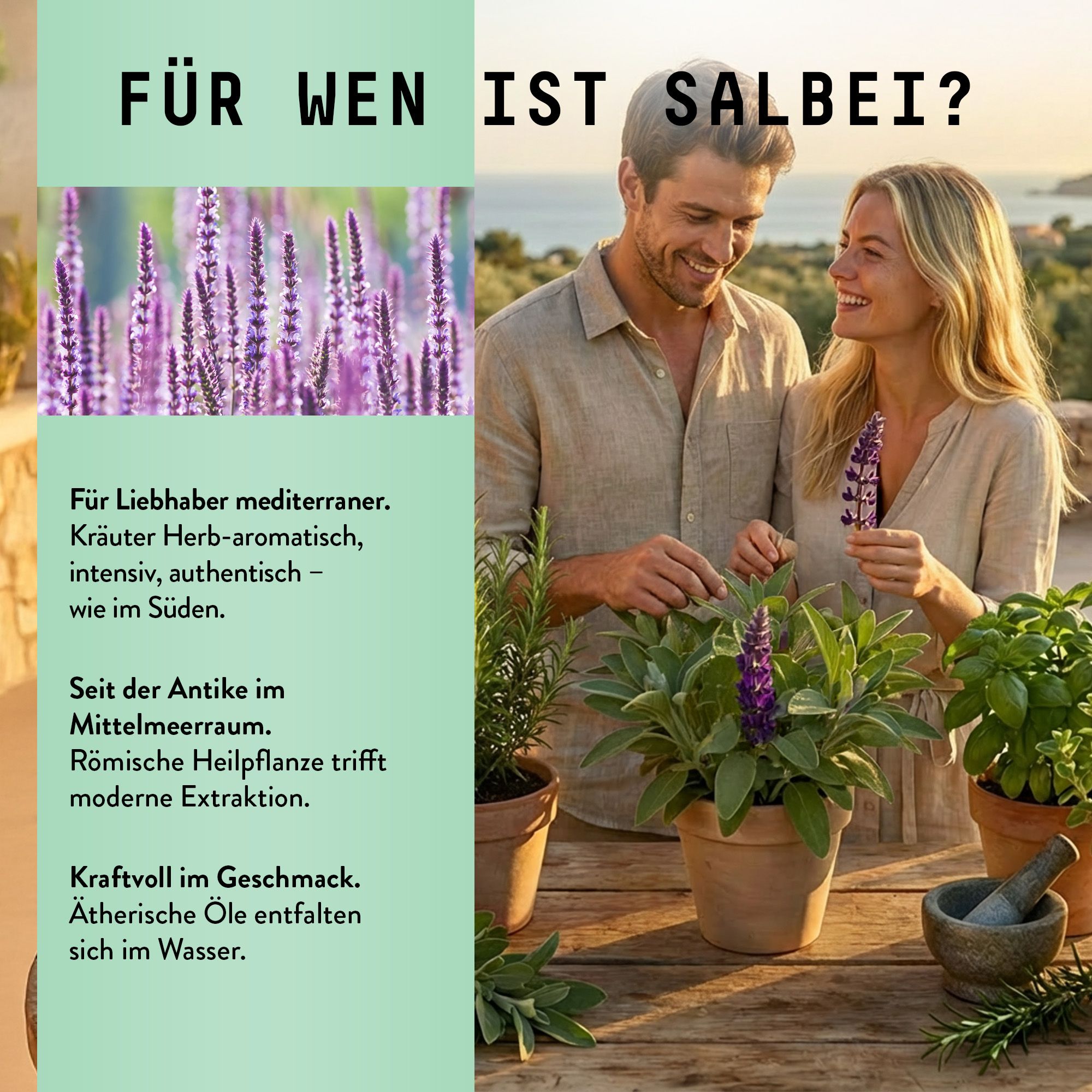 Paar im Garten. Mann und Frau halten Salbeiblätter. Text: Für wen ist Salbei? Mediterrane Kräuter.