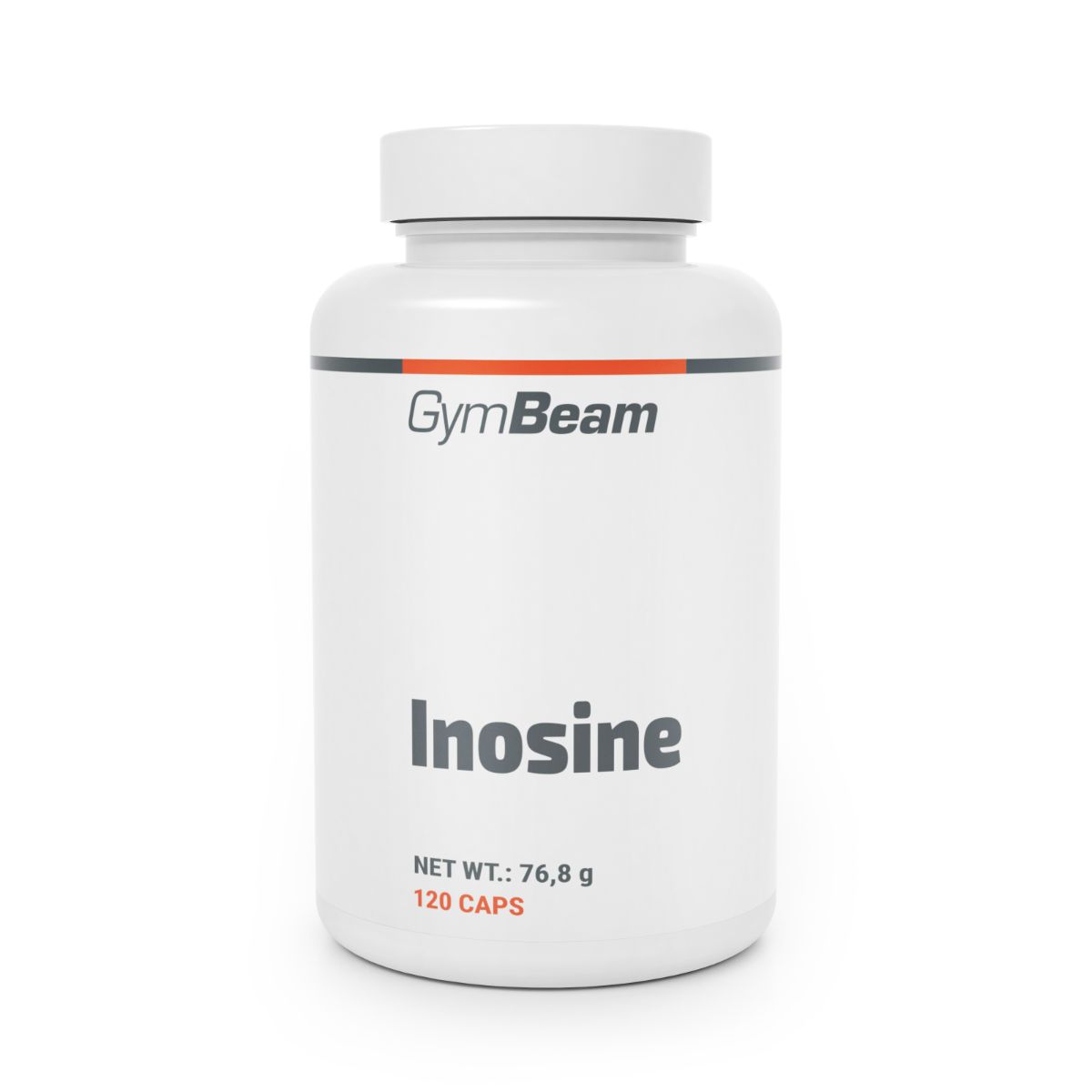 GymBeam Inosine Kapseln: Weißer Behälter mit rotem und grauem Streifen. Enthält 120 Kapseln, 76,8 g.
