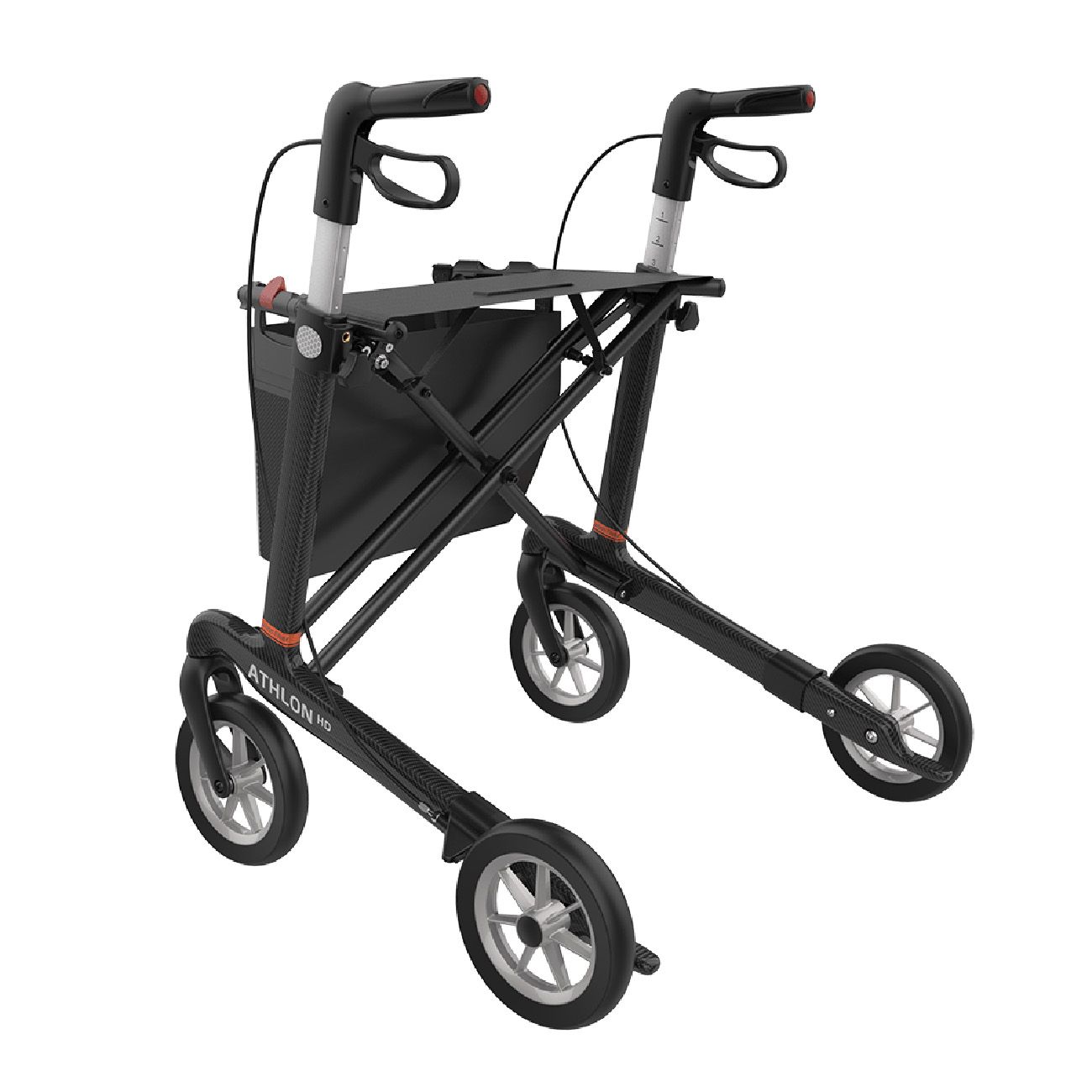 Schwarzer Rollator, zusammengeklappt. Graue Räder. ATHLON HD Schriftzug.