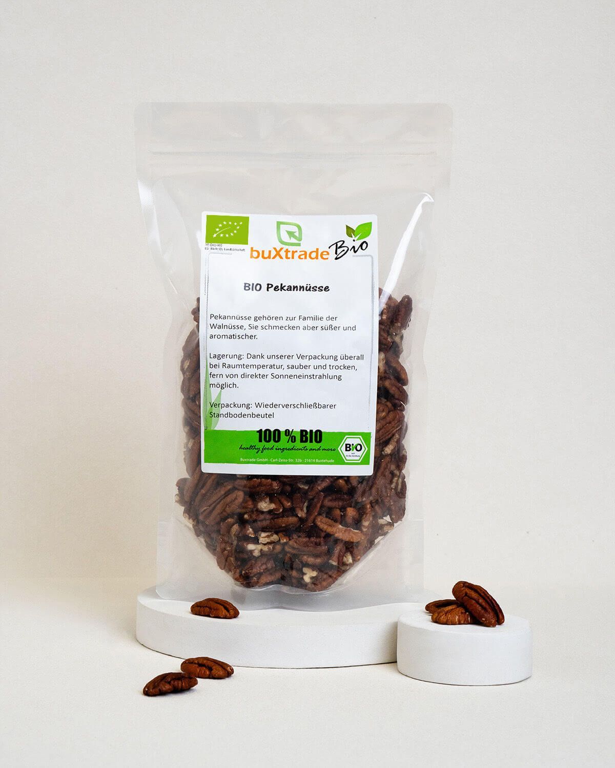 Verpackung mit buxtrade Bio Pekannüssen, 100% Bio.