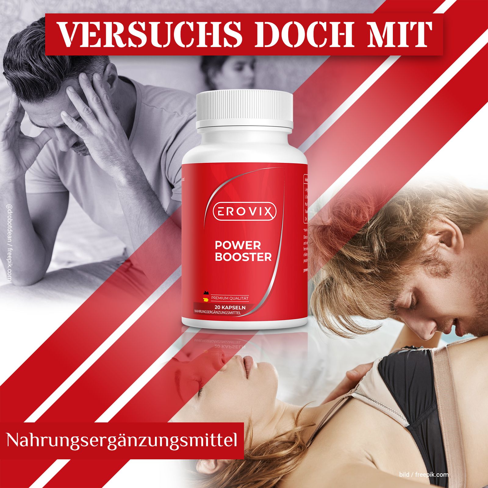 Rote Flasche mit weißem Deckel. Aufschrift: EROVIX, POWER BOOSTER. 20 Kapseln. Hintergrund: Paare, Text: Nahrungsergänzungsmittel.