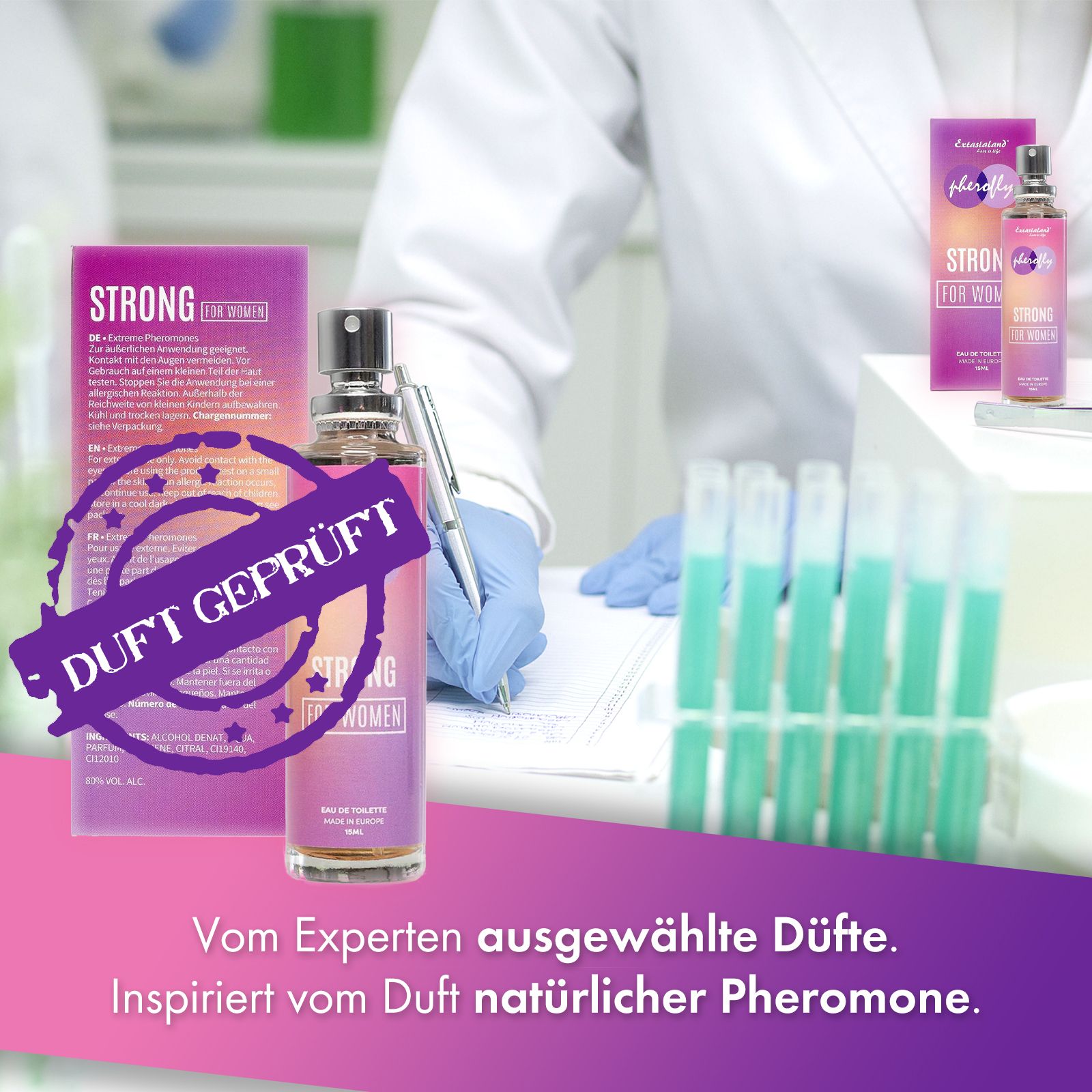 Pherofly Strong for Women Flasche und Verpackung. Flasche mit Sprühkopf, Text: Strong for Women. Verpackung mit Logo und Text.