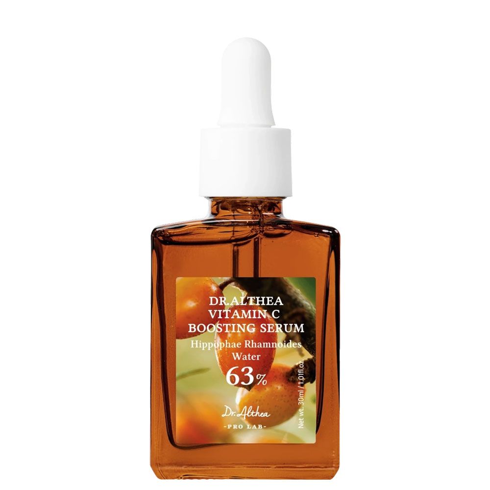 Braune Glasflasche mit Pipette für Dr. Althea Vitamin C Boosting Serum, 63% Hippophae Rhamnoides Wasser.
