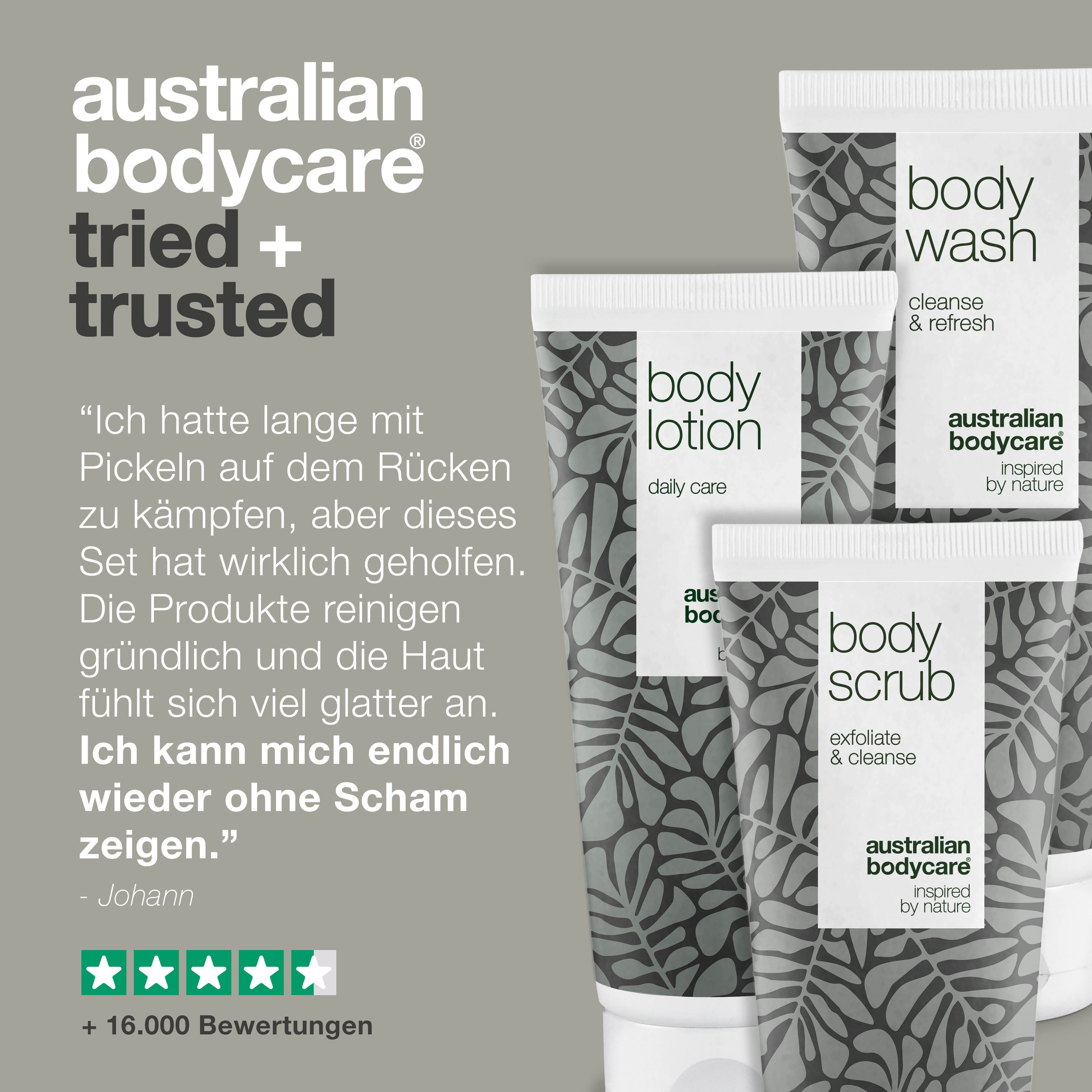 Drei Tuben „Body Wash“, „Body Scrub“ und „Body Lotion“. Zitat und Sternebewertung. „Australian Bodycare“.