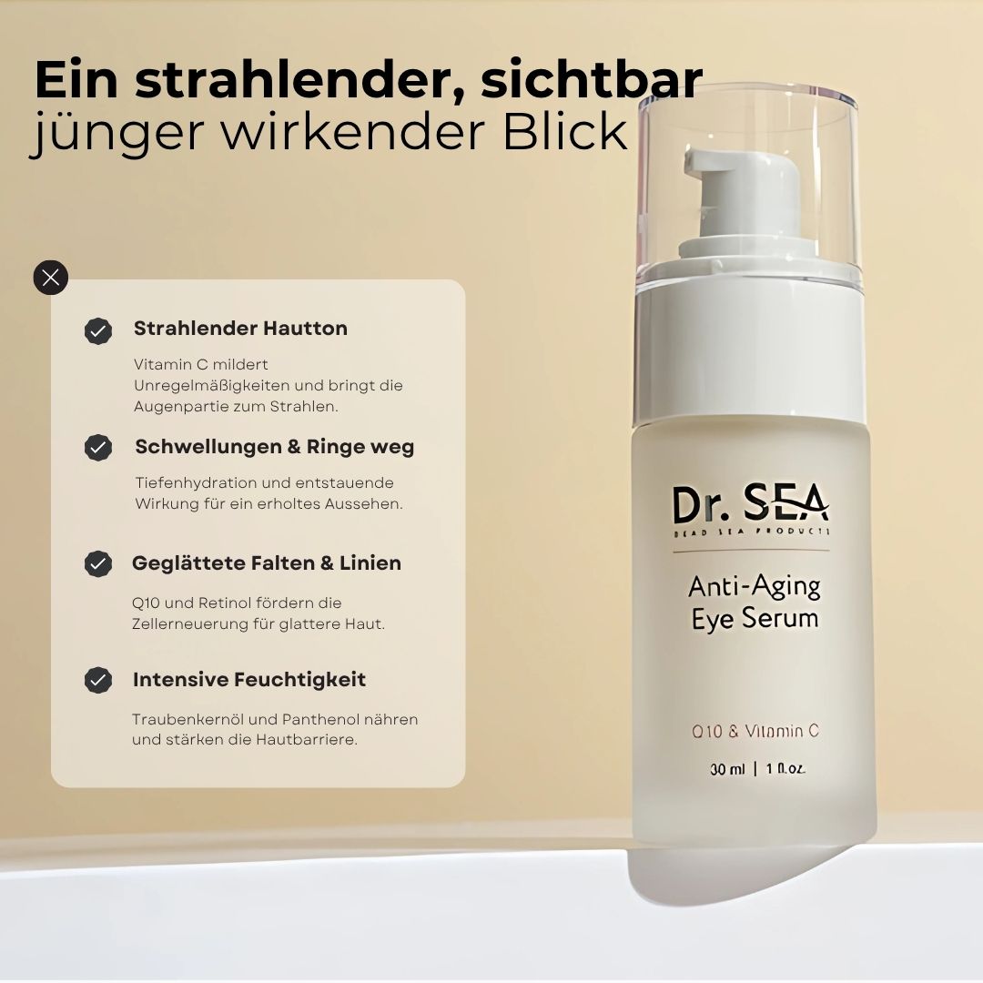 Augenserum-Flasche mit Text. Text: Dr. SEA, Anti-Aging Eye Serum, Q10 & Vitamin C. Vorteile: strahlende Haut, weniger Falten.
