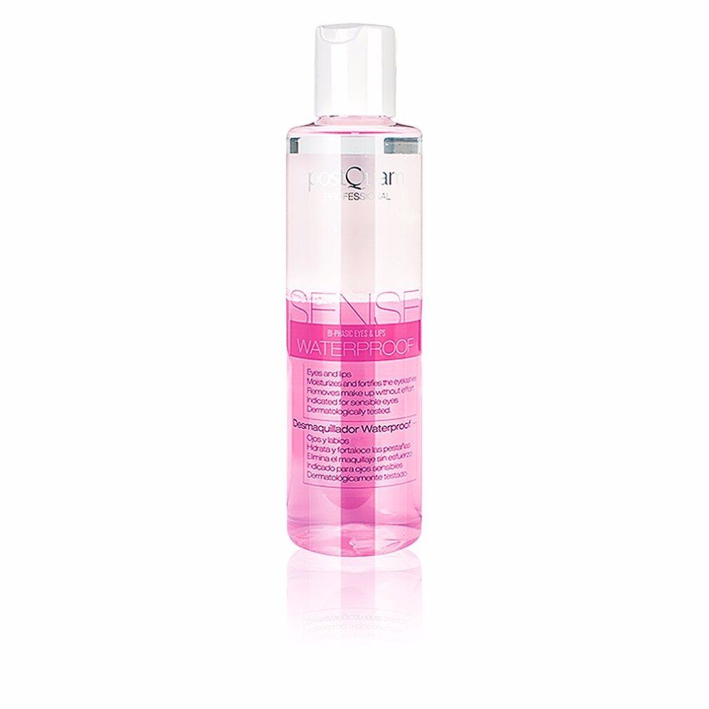 Flasche mit rosa Flüssigkeit. Weißer Deckel. Text: Sense Waterproof. Für Augen und Lippen. Entfernt Make-up.