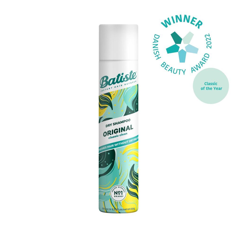 Batiste Trockenshampoo Original. Zylindrische Dose mit weißem Deckel. Türkis-gelbes Muster. "Winner Danish Beauty Award 2022"-Logo.