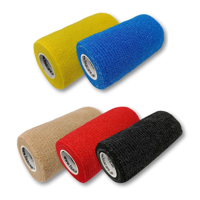 Mehrfarbige selbstklebende Wundpflaster-Rollen. Gelb, blau, beige, rot und schwarz. Auf jeder Rolle ist der Markenname LisaCare zu sehen.