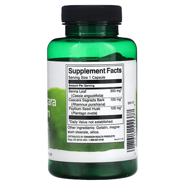 Rückseite der grünen Flasche. Aufschrift: Supplement Facts. Inhaltsstoffe: Senna Leaf, Cascara Sagrada Bark, Psyllium Seed Husk.