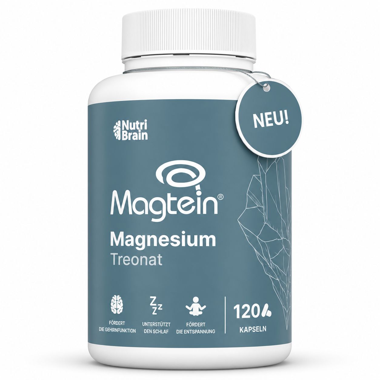 Weiße Dose mit blauem Etikett, zeigt Magtein Magnesium Treonat, 120 Kapseln.