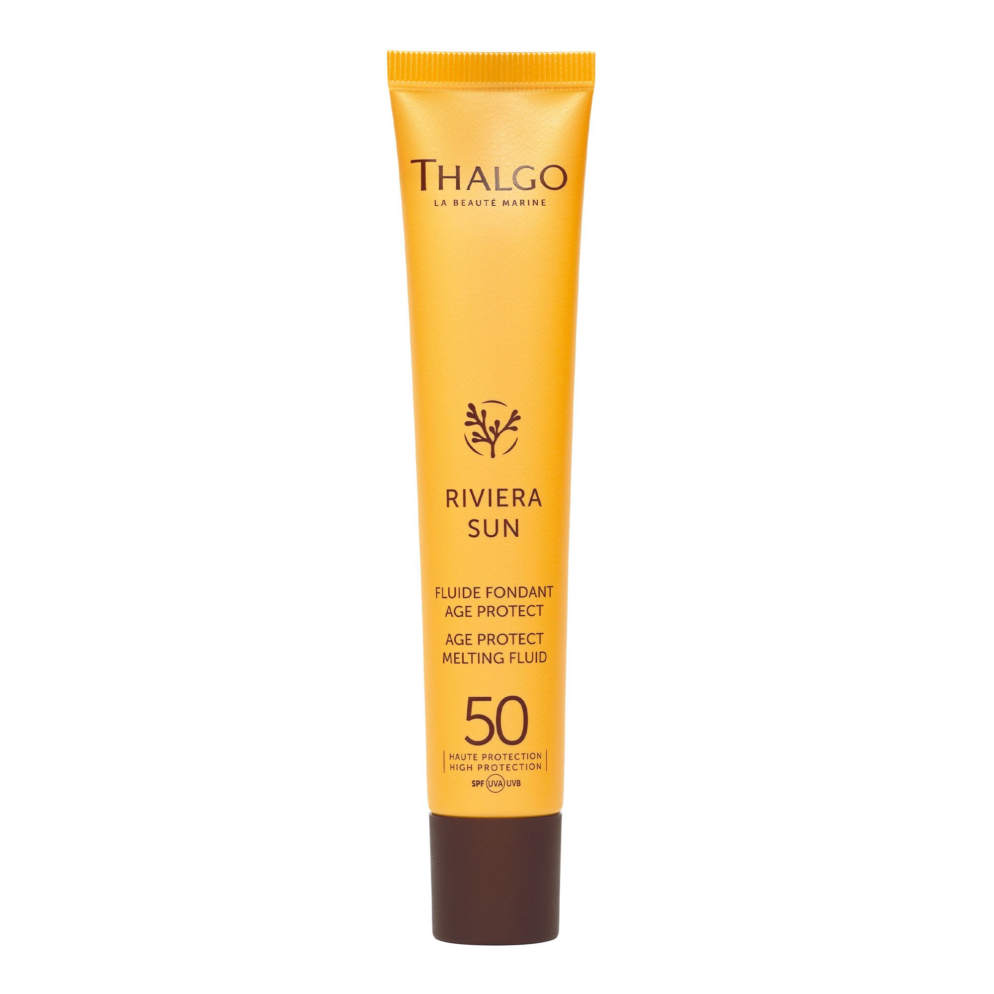 Gelbe Tube mit THALGO-Logo und Aufschrift Riviera Sun. Enthält Age Protect Melting Fluid LSF 50. Brauner Verschluss.