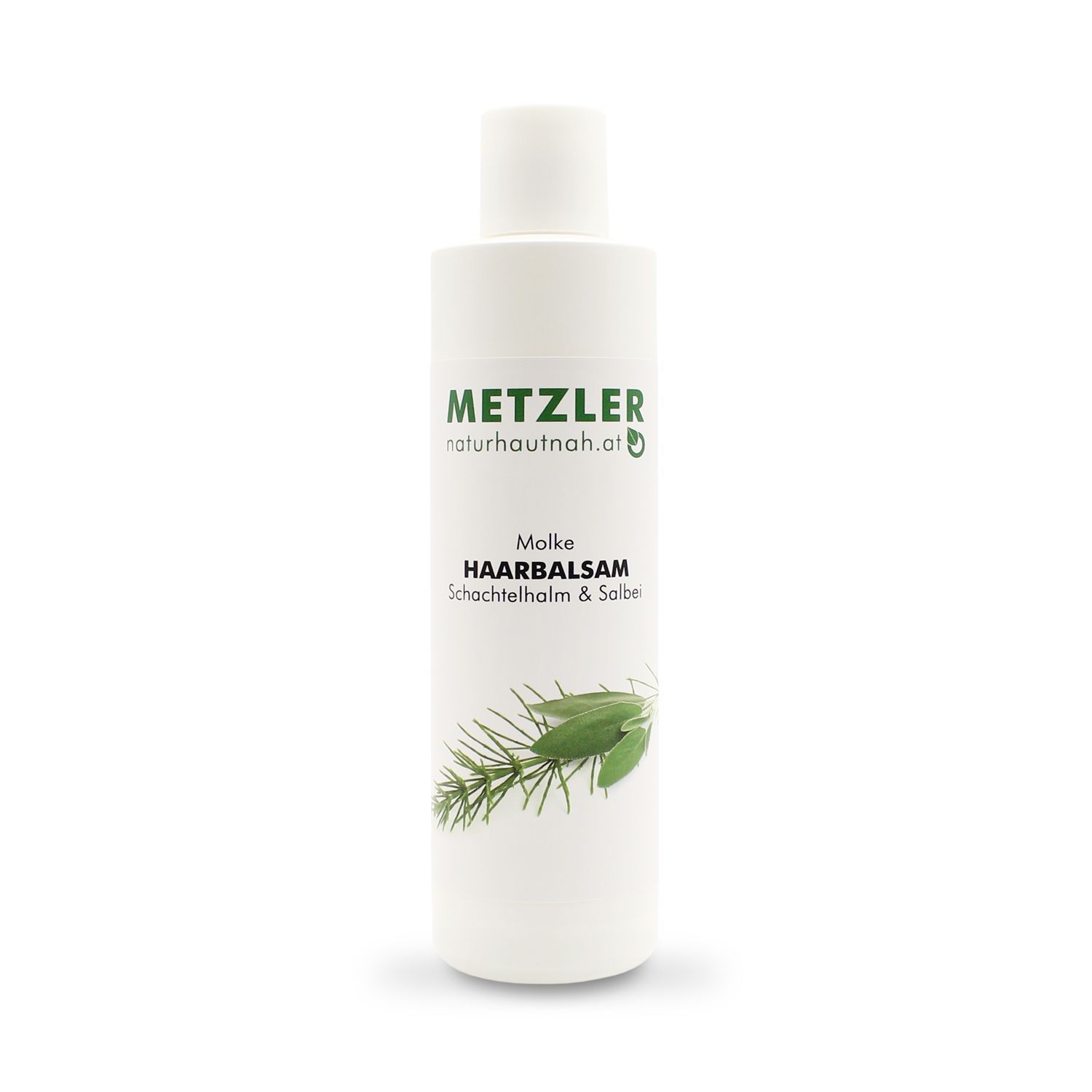 Weiße Flasche mit grünem Aufdruck. Schriftzug: Metzler Molke Haarbalsam. Abbildung von Kräutern.
