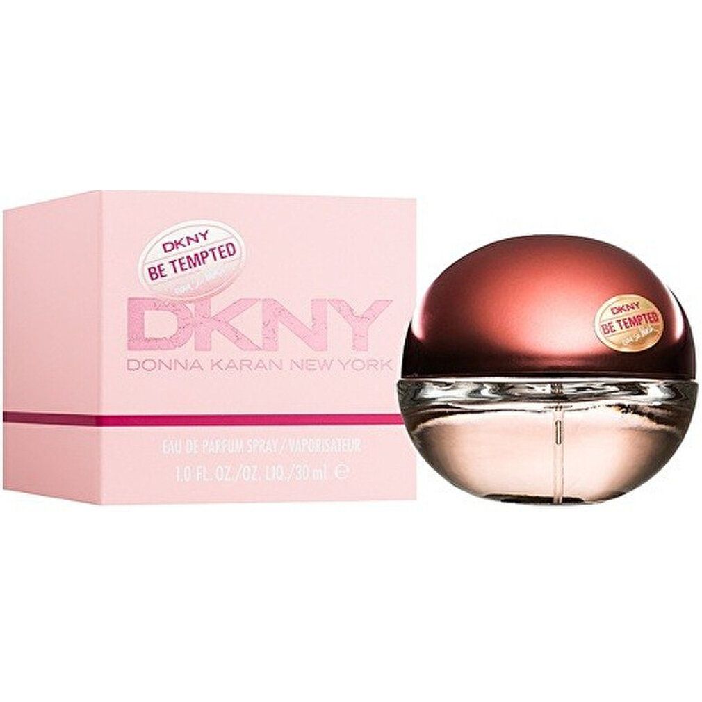 Rosa Verpackung und Flakon. Flakon mit braunem Deckel und DKNY-Logo.
