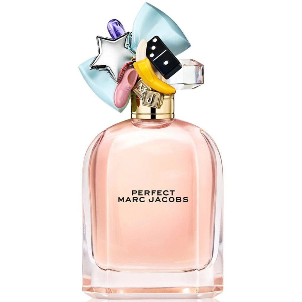 Parfümflasche mit Aufsatz. Rosa Flüssigkeit, goldener Hals, Aufsatz mit Stern, Banane, Domino. Aufschrift Perfect Marc Jacobs.