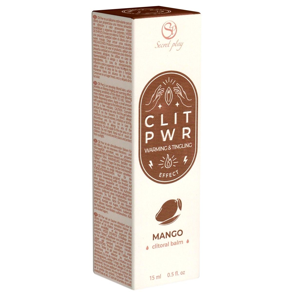 Produktverpackung. Aufschrift: CLIT PWR, Mango, clitoral balm. Enthält 15 ml. Marke: Secret Play.