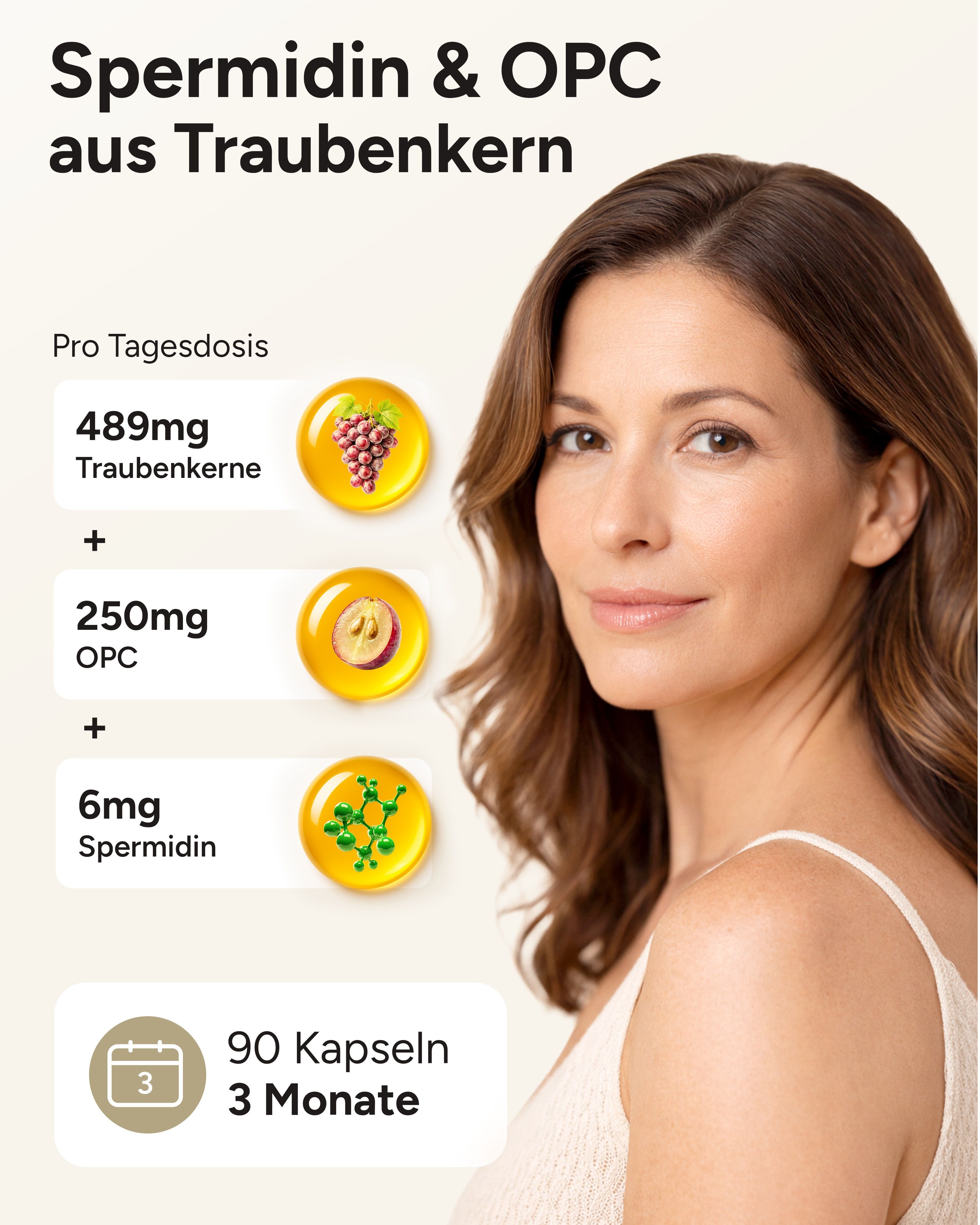 Frau mit Text über Inhaltsstoffe: 489mg Traubenkern, 250mg OPC, 6mg Spermidin. 90 Kapseln, 3 Monate.