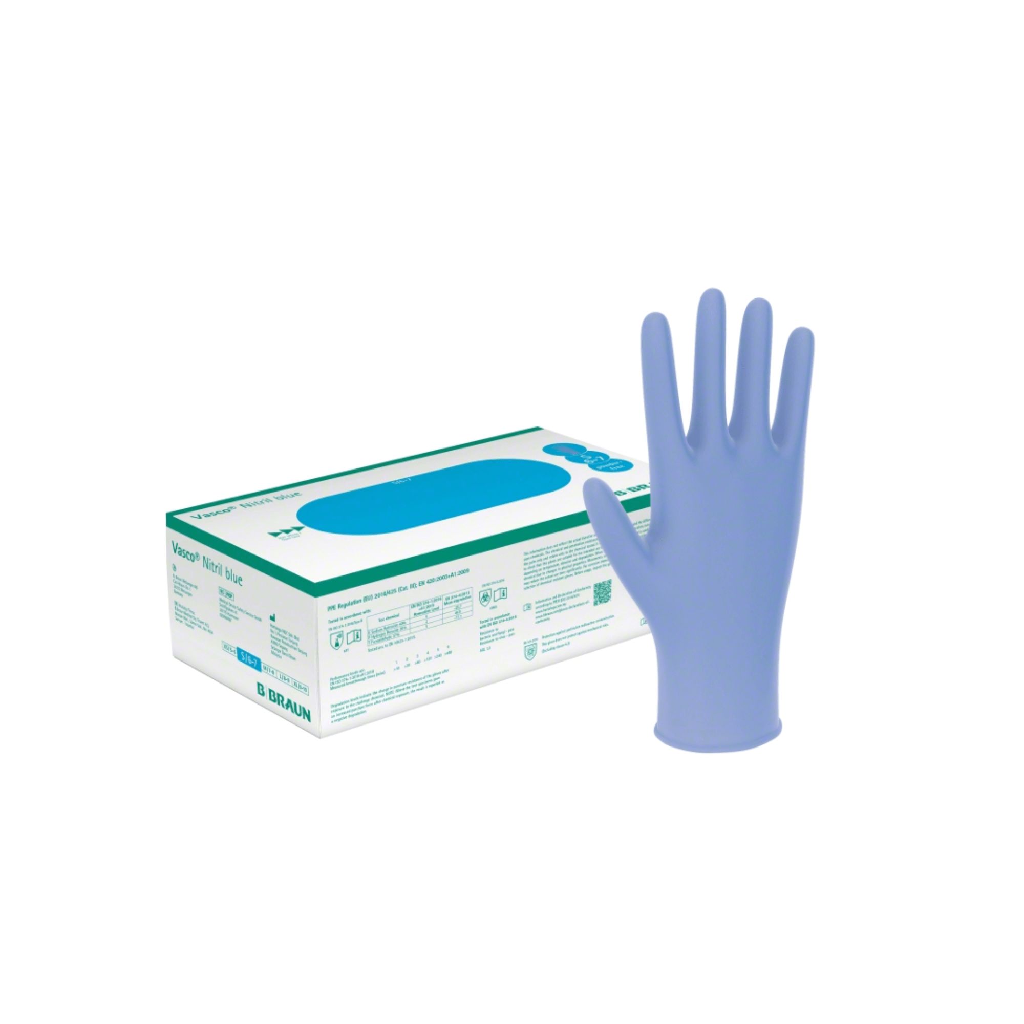 Blaue Untersuchungshandschuhe neben einer Verpackung. Auf der Verpackung steht "VASCO Nitril Light Blue" und das Logo von B. Braun.