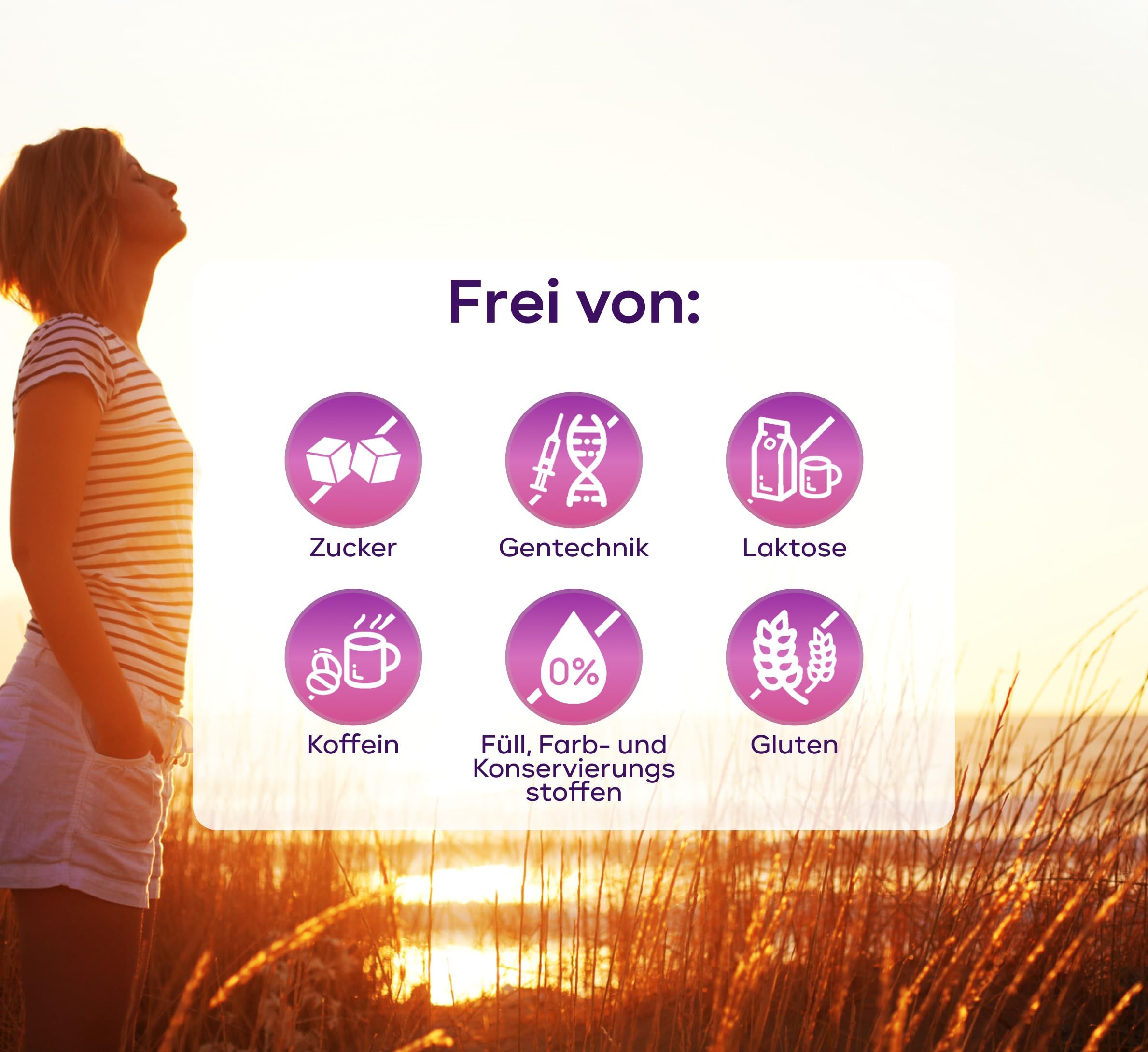 Infografik mit Icons. Zeigt Informationen über Inhaltsstoffe: Zuckerfrei, Gentechnikfrei, Laktosefrei, Koffeinfrei, 0% Füll-, Farb- und Konservierungsstoffe, Glutenfrei.