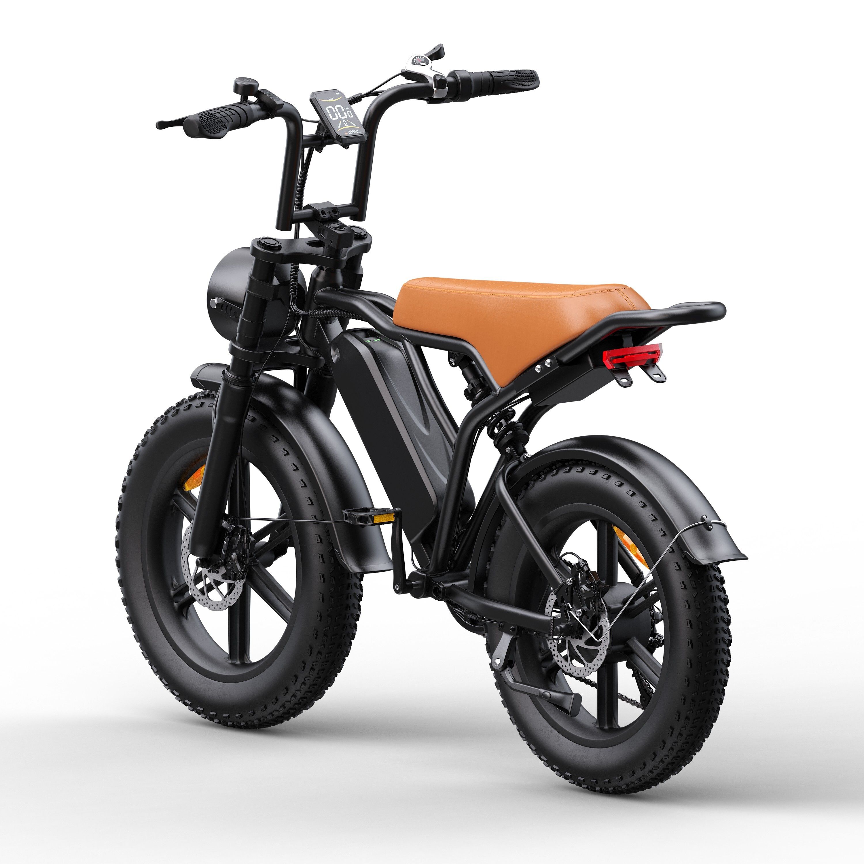 Schwarzes E-Bike mit braunem Sattel. Breitreifen, Scheinwerfer, Gepäckträger. 7-Gang-Getriebe.