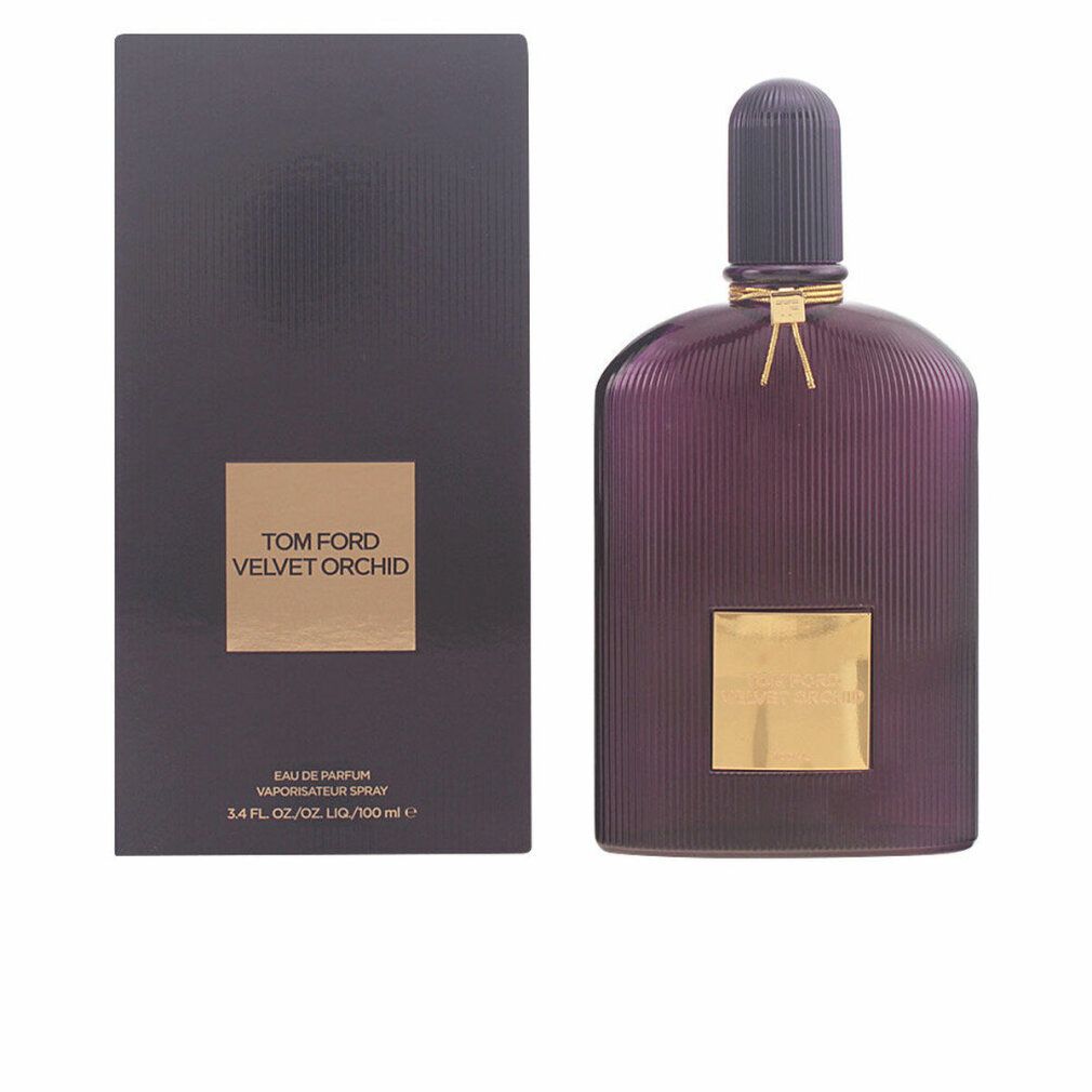 Dunkelviolette Flasche mit goldfarbenem Etikett und Verschluss. Schwarze Verpackung mit goldenem Logo. Text: Tom Ford Velvet Orchid.