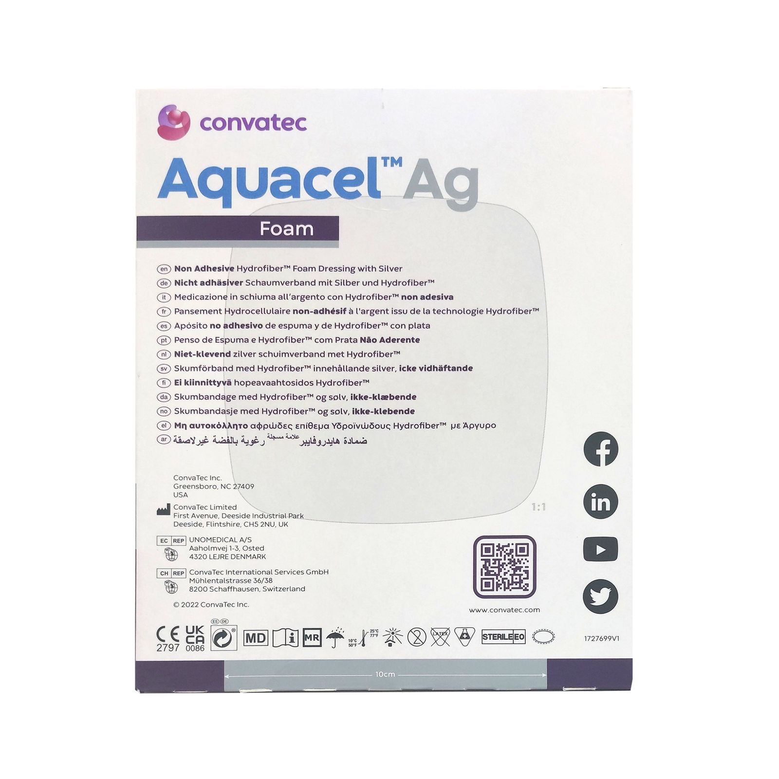 Rückseite der Verpackung AQUACEL Ag Foam. Mehrsprachige Produktinformationen. Convatec-Logo und Kontaktinformationen.