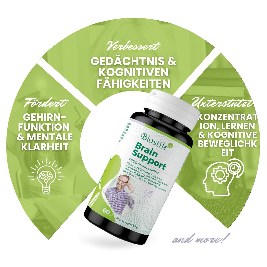 Biostile Brain Support Dose. Text auf Deutsch über Inhaltsstoffe und Formel.